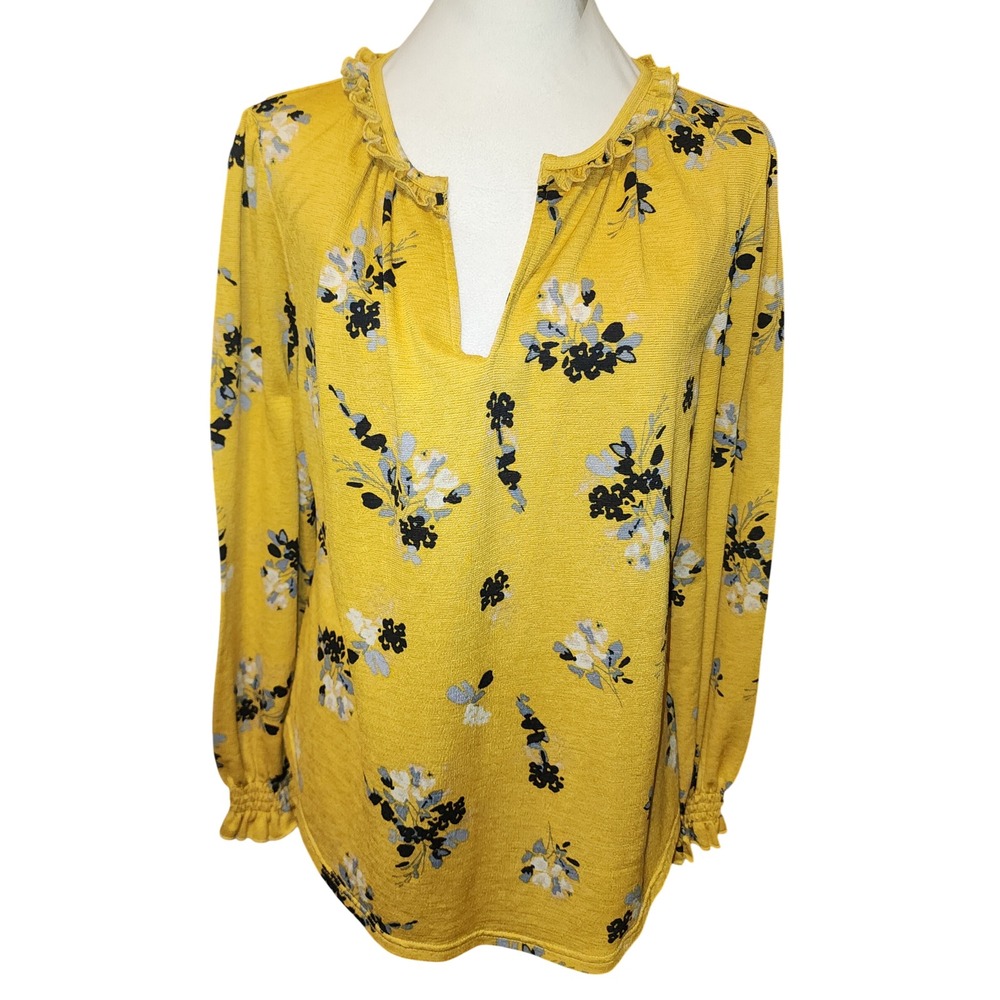 Melloday Mustard Yellow Floral Ruffle Neck Smocked Cuff Blouse Size M